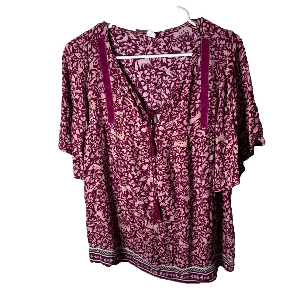 Old Navy Blouse Women's Large V-Neck Floral Boho Purple Tassel Artsy Top